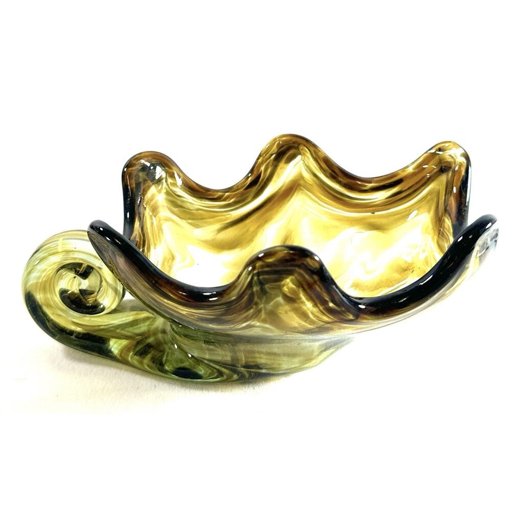 Sooner Art Glass Bowl Hand Blown Amber Swirl with Spiral Handle 7” Long - Picture 3 of 8